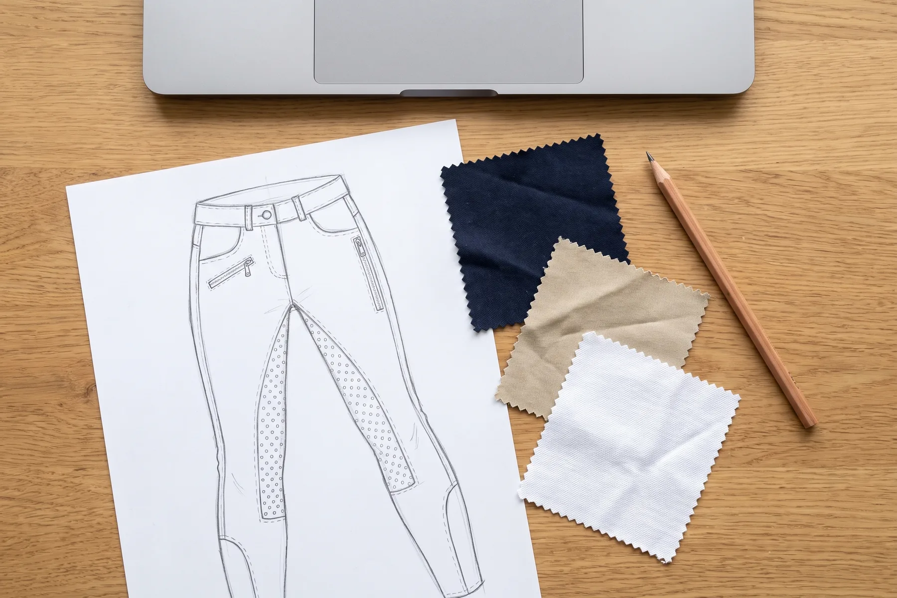 Croquis technique de pantalon d’équitation, échantillons de tissu et crayon sur un bureau
