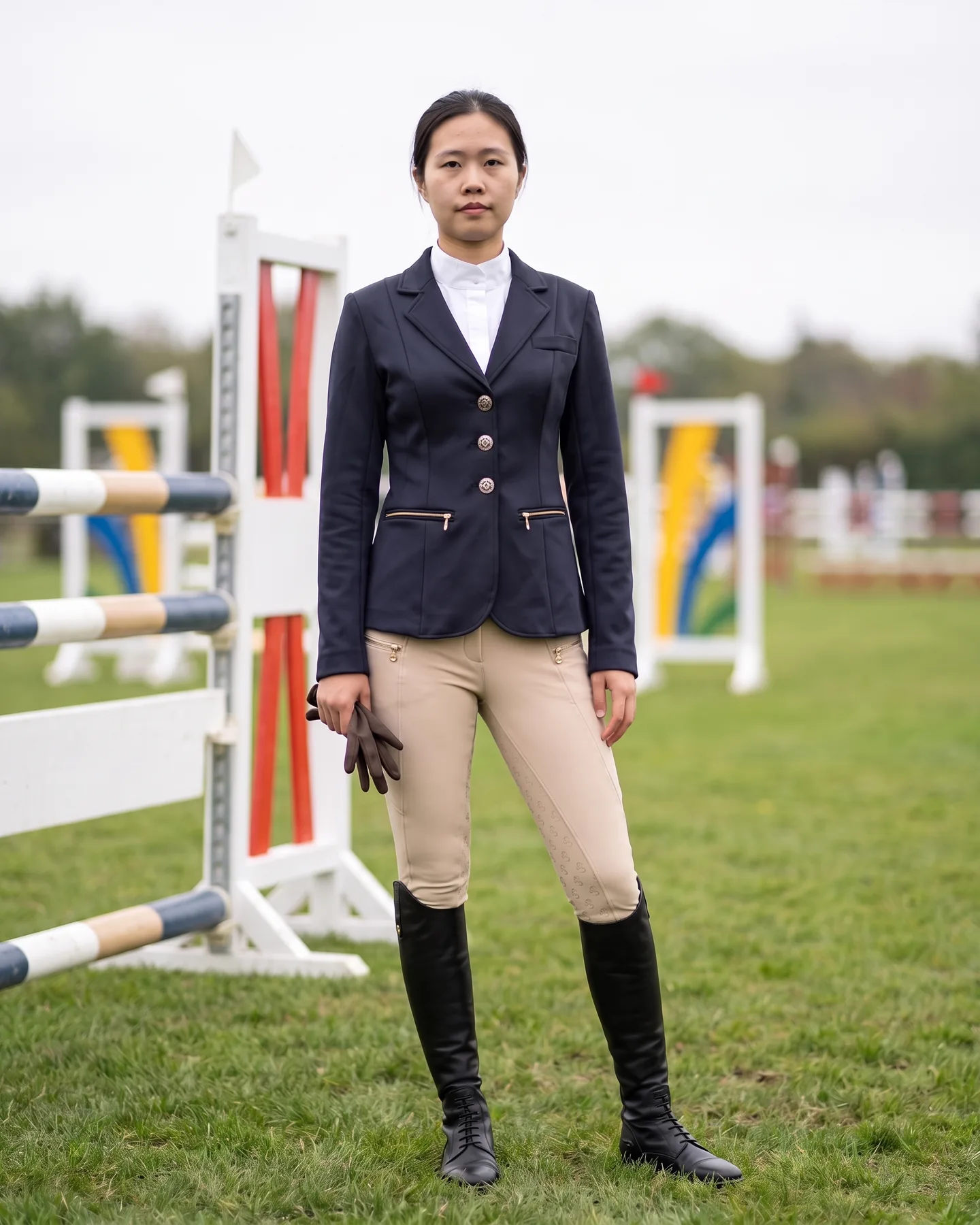 Cavalière en tenue de concours complète : veste marine à trois boutons, chemise blanche, pantalon beige