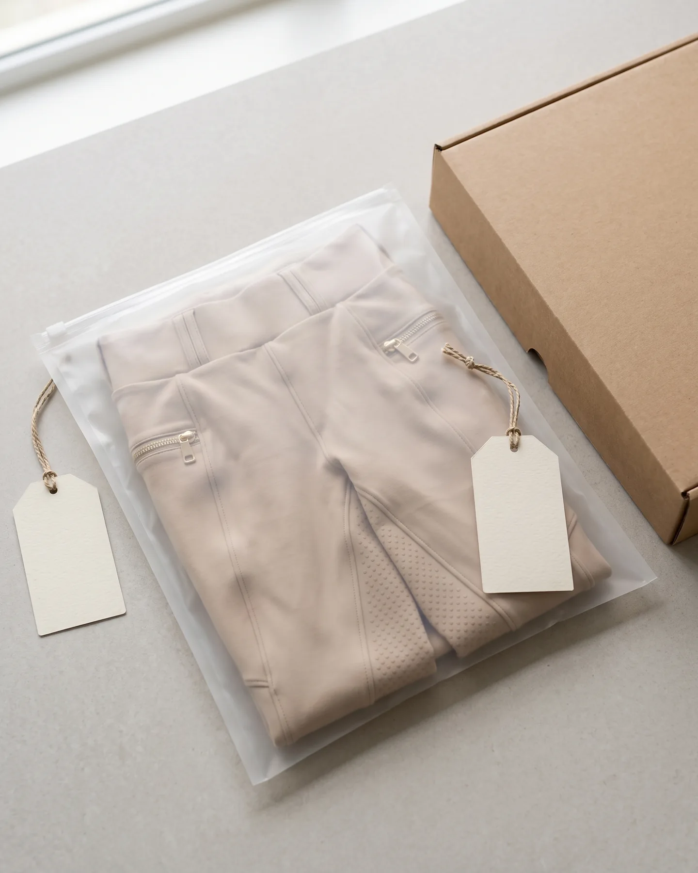 Pantalon plié en sachet zippé givré avec étiquette vierge et carton kraft