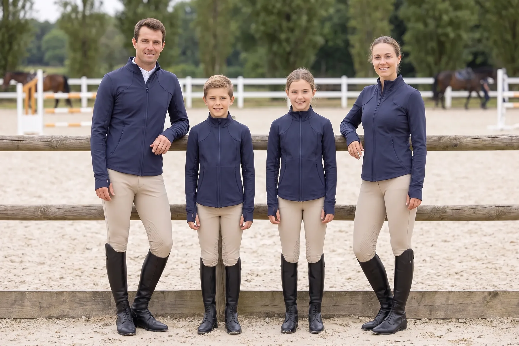 Cavaliers adultes et enfants d’un même club en veste marine identique