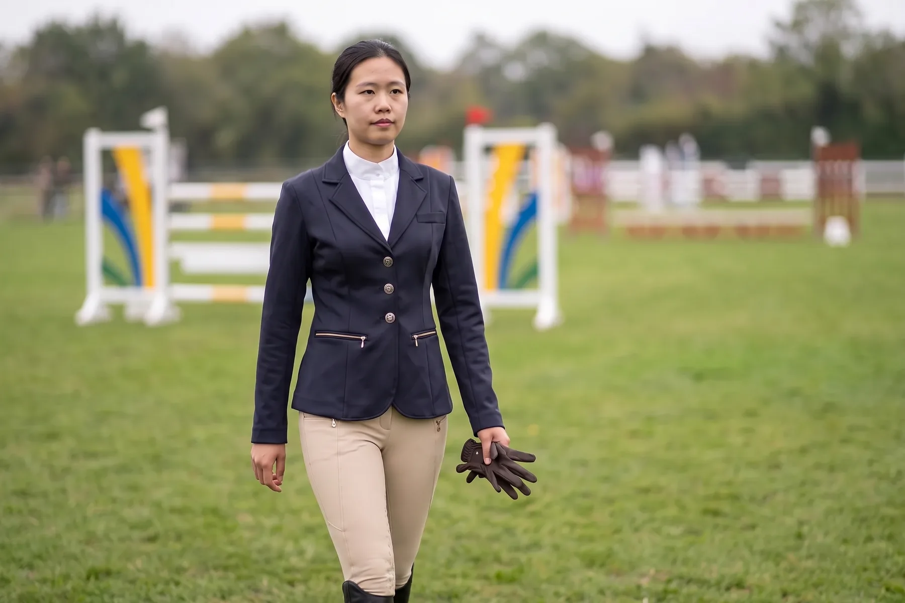 Cavalière en tenue de concours complète reconnaissant le parcours à pied