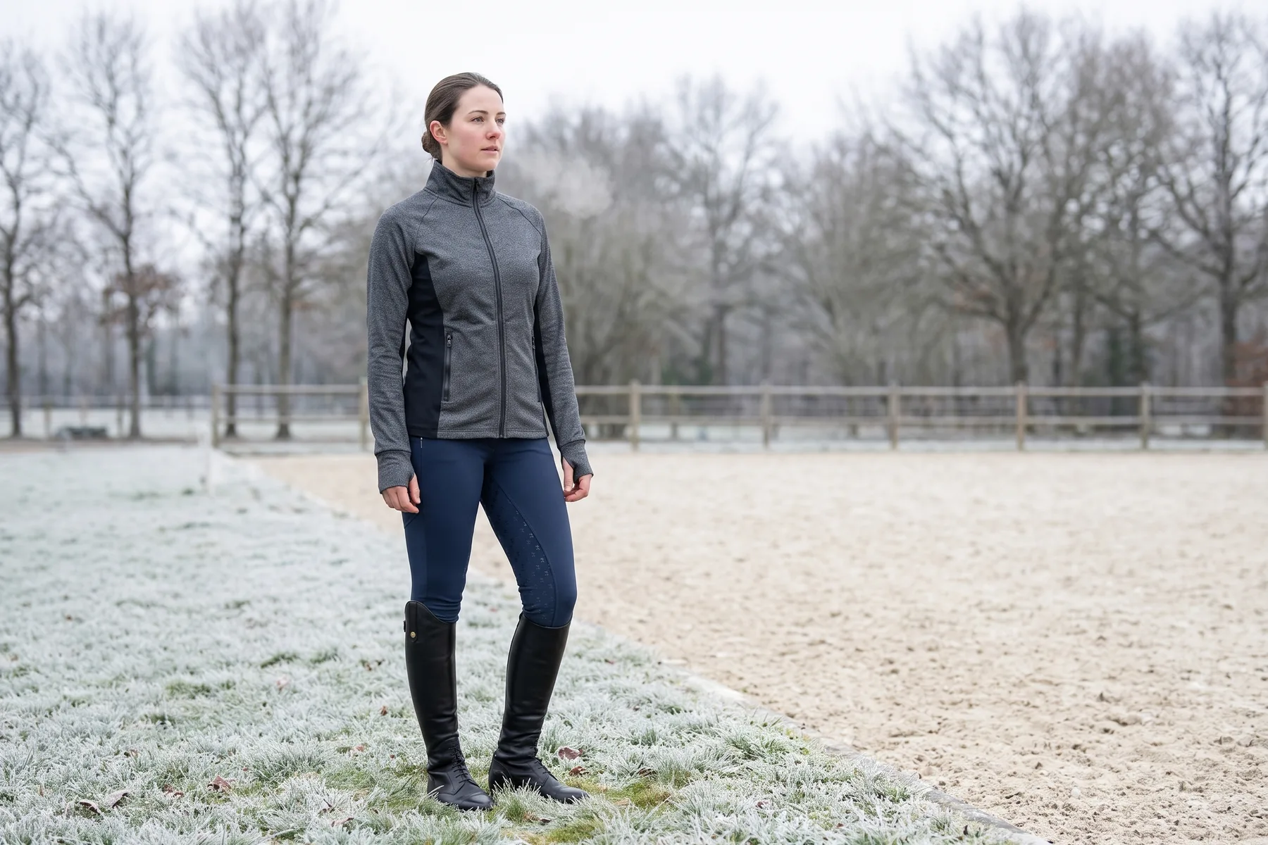 Cavalière un matin d’hiver en veste d’entraînement zippée