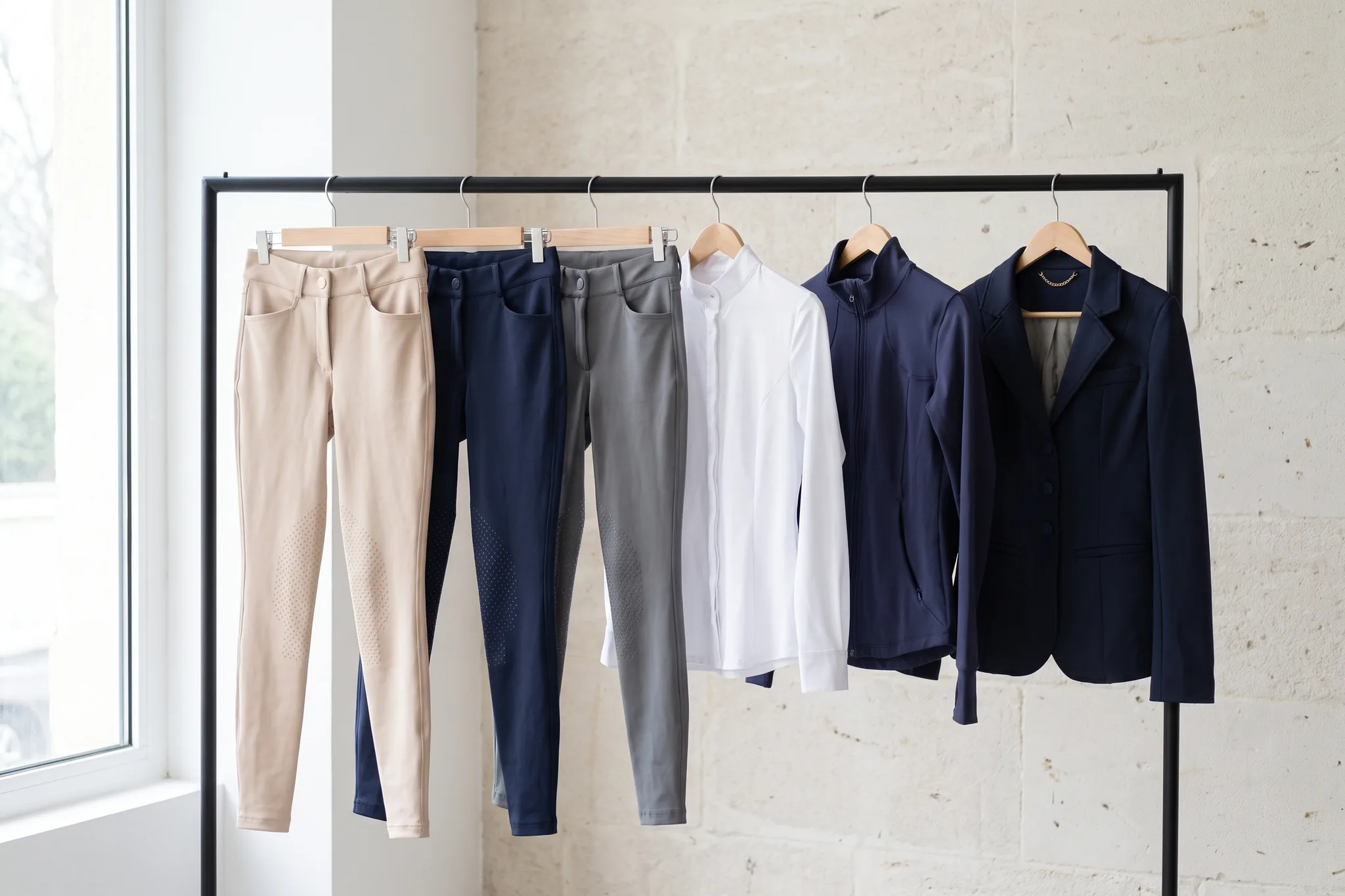 Portant de showroom avec pantalons d’équitation, chemise de concours, haut technique et veste de concours