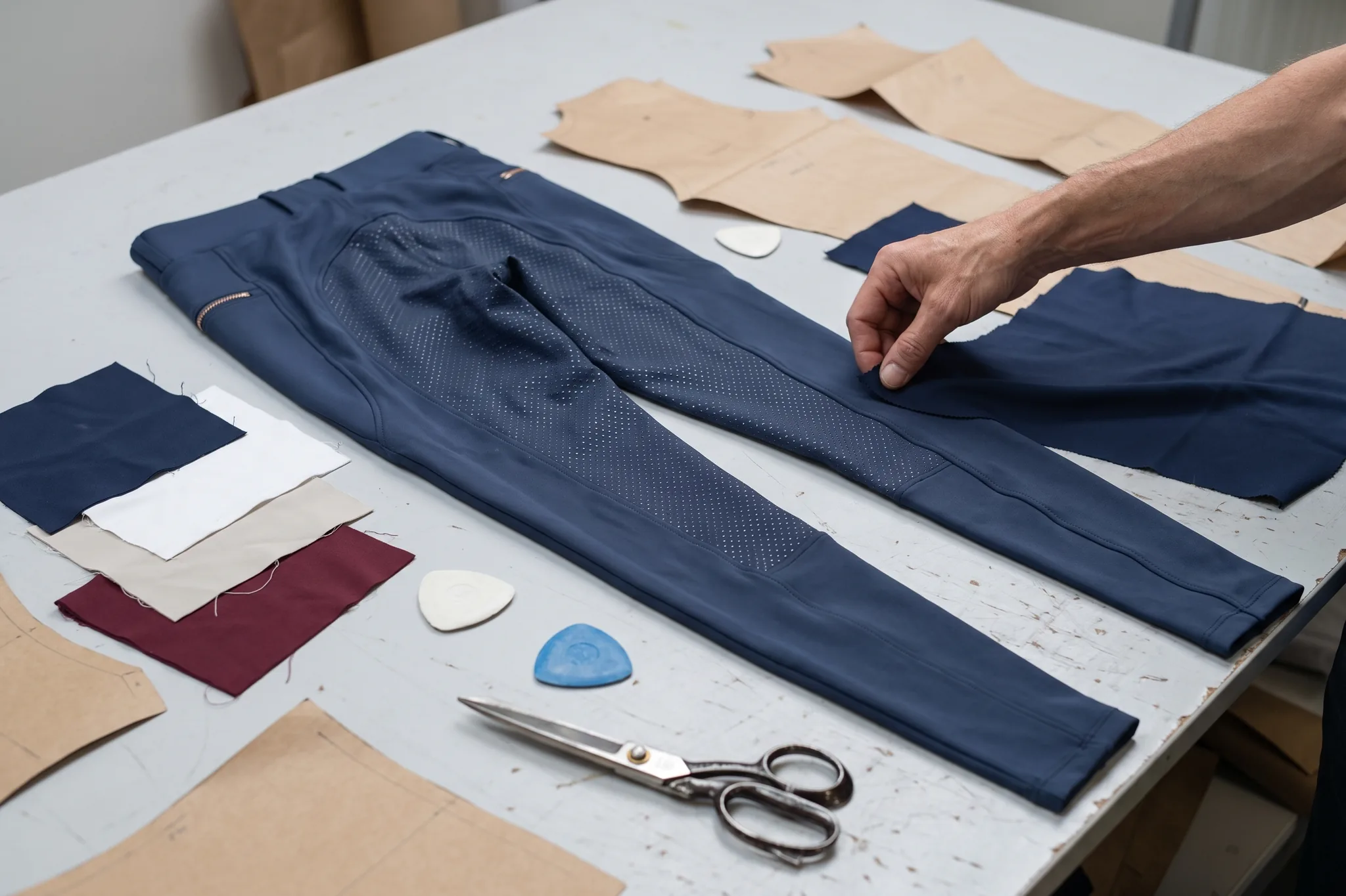 Table de développement : échantillon de pantalon marine, échantillons de tissu, patrons en papier et craie de tailleur