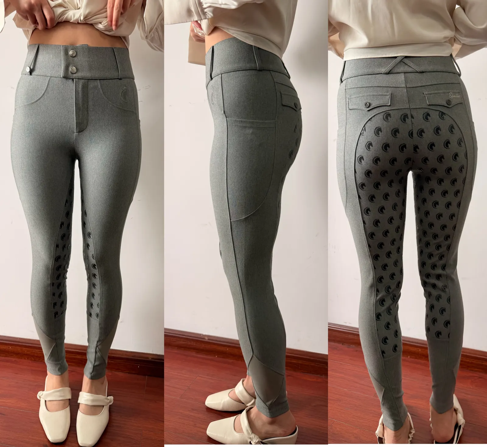 Échantillon de pantalon d’équitation gris à grip intégral d’une commande client, à l’essayage de face, de profil et de dos