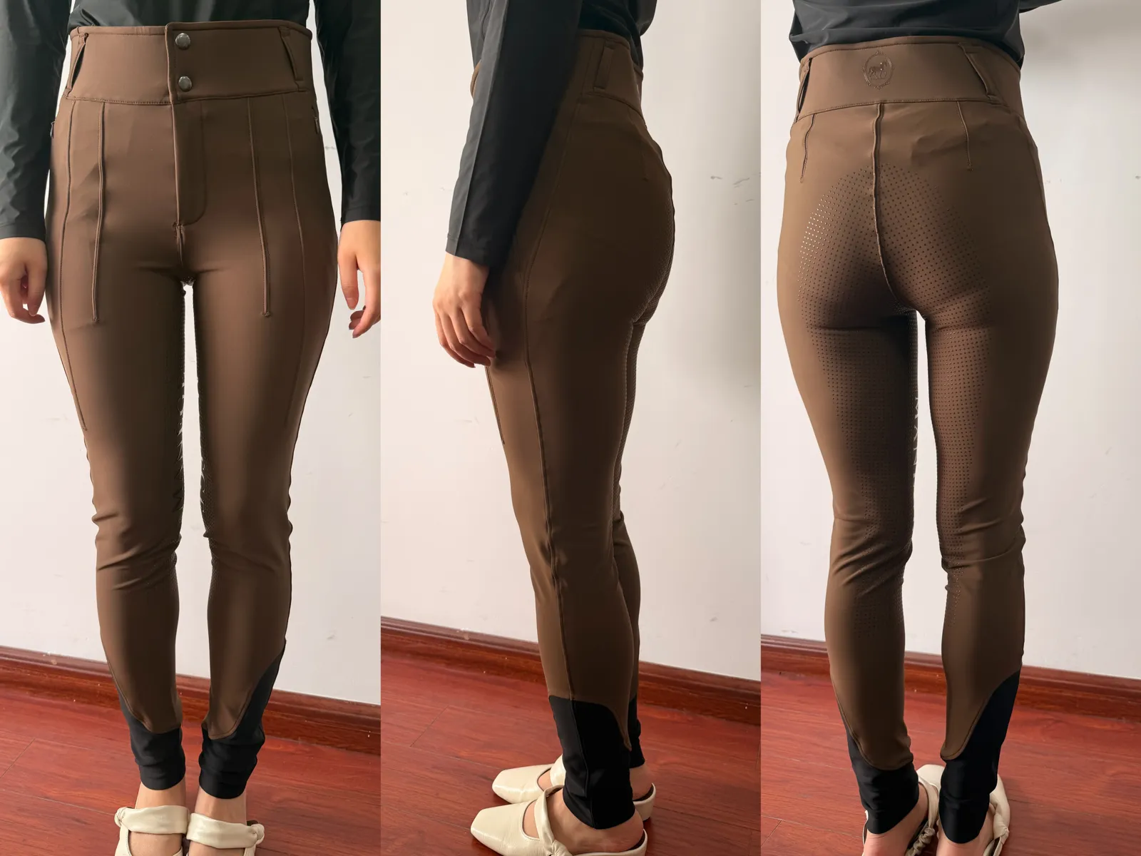 Échantillon de pantalon d’équitation marron à l’essayage, de face, de profil et de dos